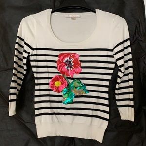 Boston proper floral black & white stripe sweater